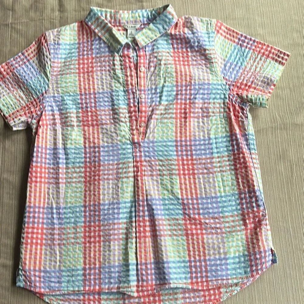 L.L. Bean Plaid Pullover Seersucker Shirt Collar Small